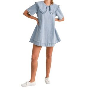 Amable by Mable Peter Pan collared light Wash denim mini dress shirt sleeve Sz S